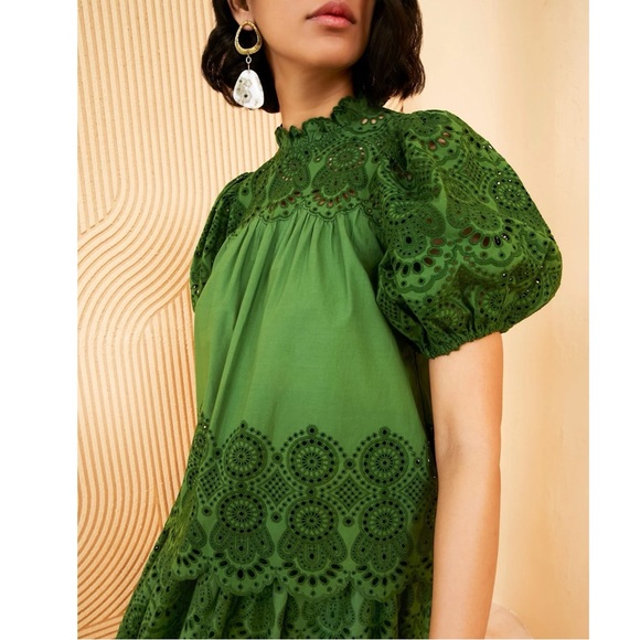 Ulla Johnson Mischa Top - Green Puff Sleeve Loose Fit Eyelet Cotton Blouse sz 2 - Picture 2 of 11